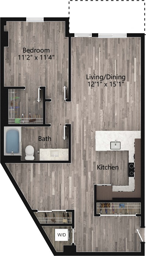 Floor plan for 1 bed, 1 bath, 906 sqft